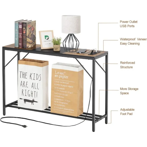 Console Table with Outlet and 2 USB Ports,41.7” Entryway Table with Storage Shelf,Narrow Sofa Table Behind Couch for Living Room