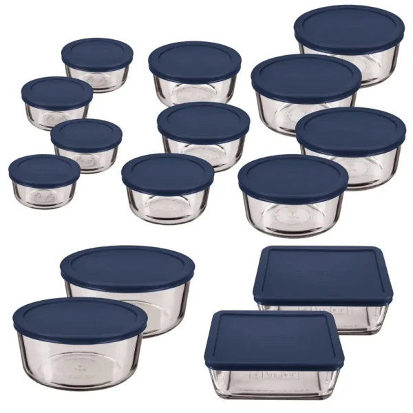 Kitchen Organizer Clear Glass Storage 30 Piece Set With Navy Lids Food Storage Containers Kitchen Organizer